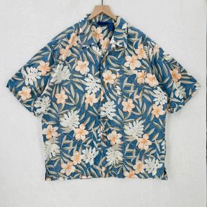 Vintage Ocean Pacific Hawaiian Shirt Mens XL Blue Floral Short Sleeve Cotton